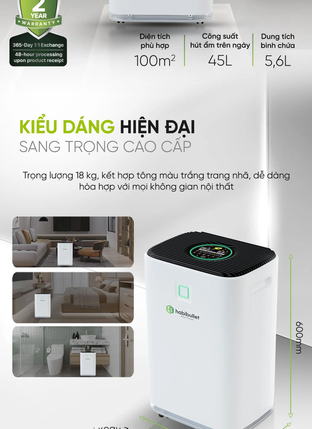 Máy hút ẩm gia đình Habibullet Max Air AHB-3525 45 lít/ngày BH245147 3